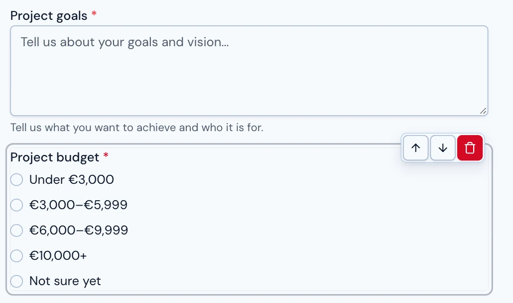 Project goals instructions and the required Project budget question with all five budget choices