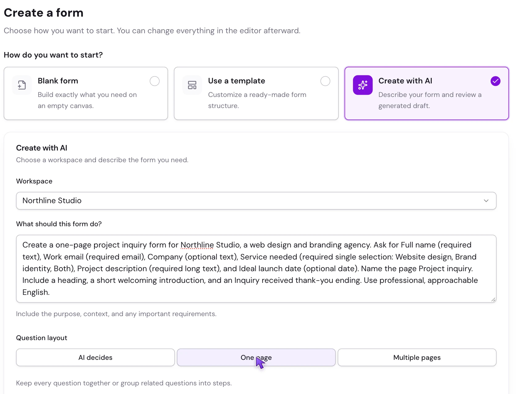 Floov Create with AI with the Northline Studio brief entered and One page selected