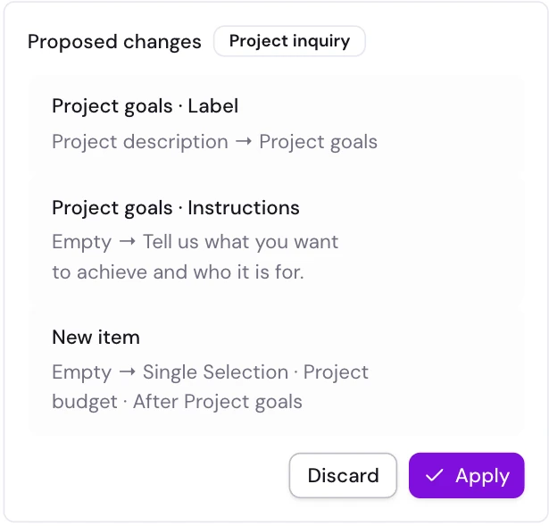 Floov AI proposal showing the Project goals label, new instructions, and budget field, with Discard and Apply actions