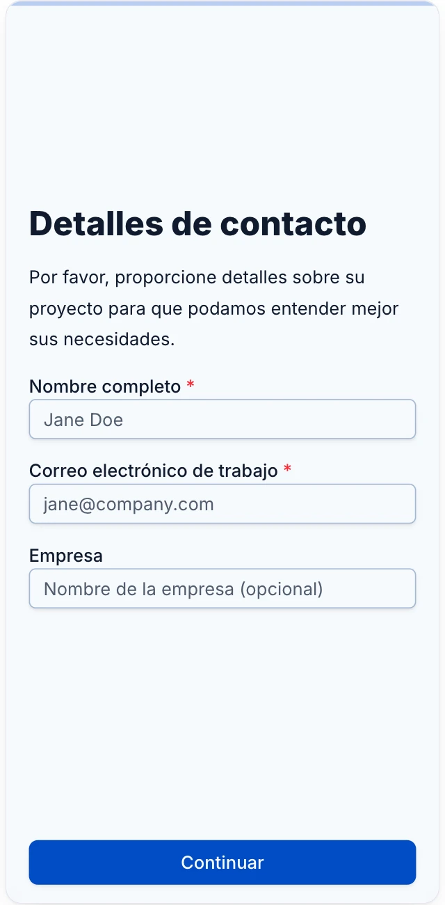 Mobile preview of the translated contact page, showing name, work email, company, and the Continuar button