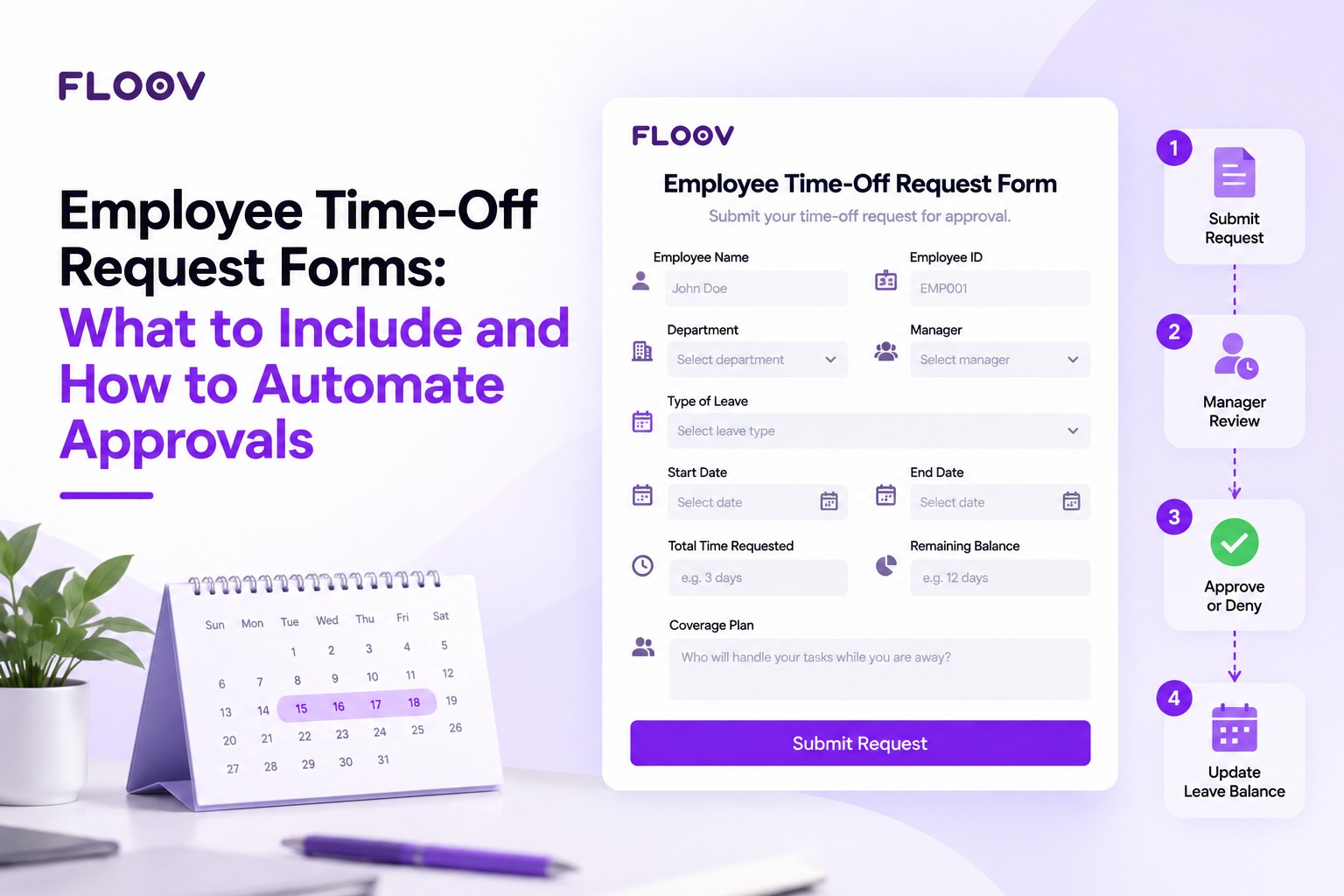 Employee time-off request form with leave details and a four-step approval workflow