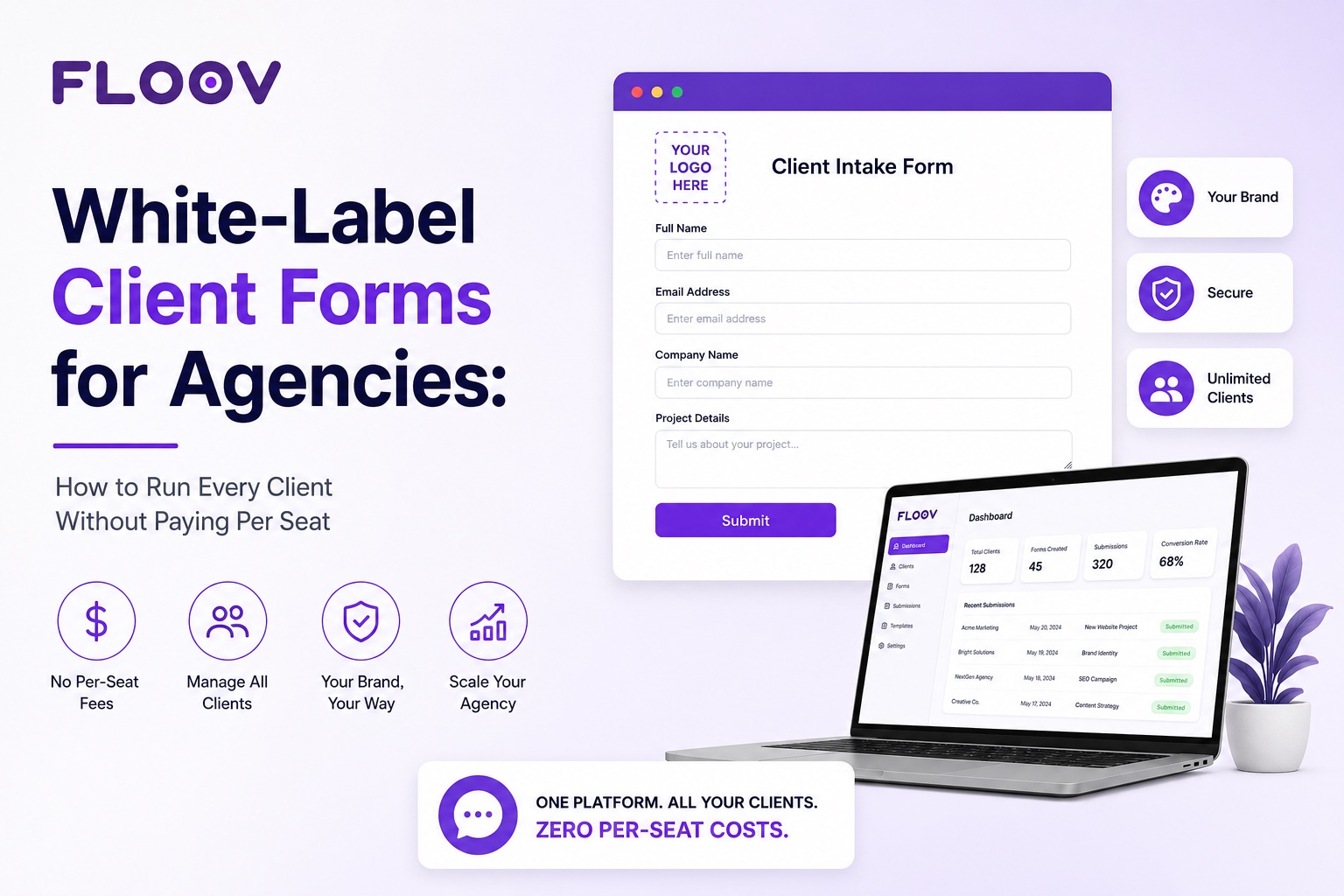 White-label client intake forms for agencies with custom branding, secure online forms, and no per-seat pricing.