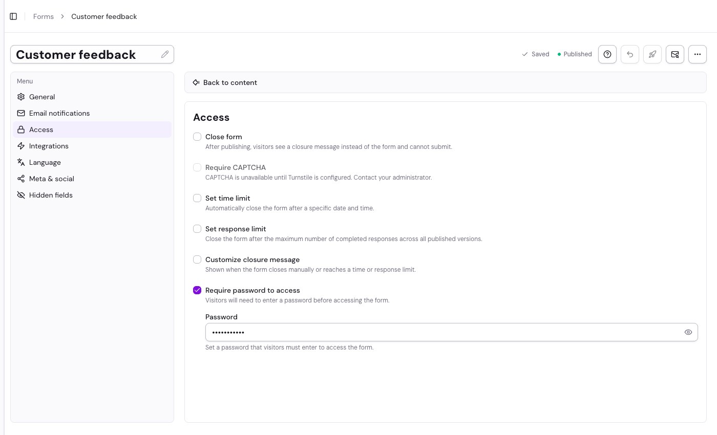 Access settings with password protection enabled, a masked password, and the visibility button