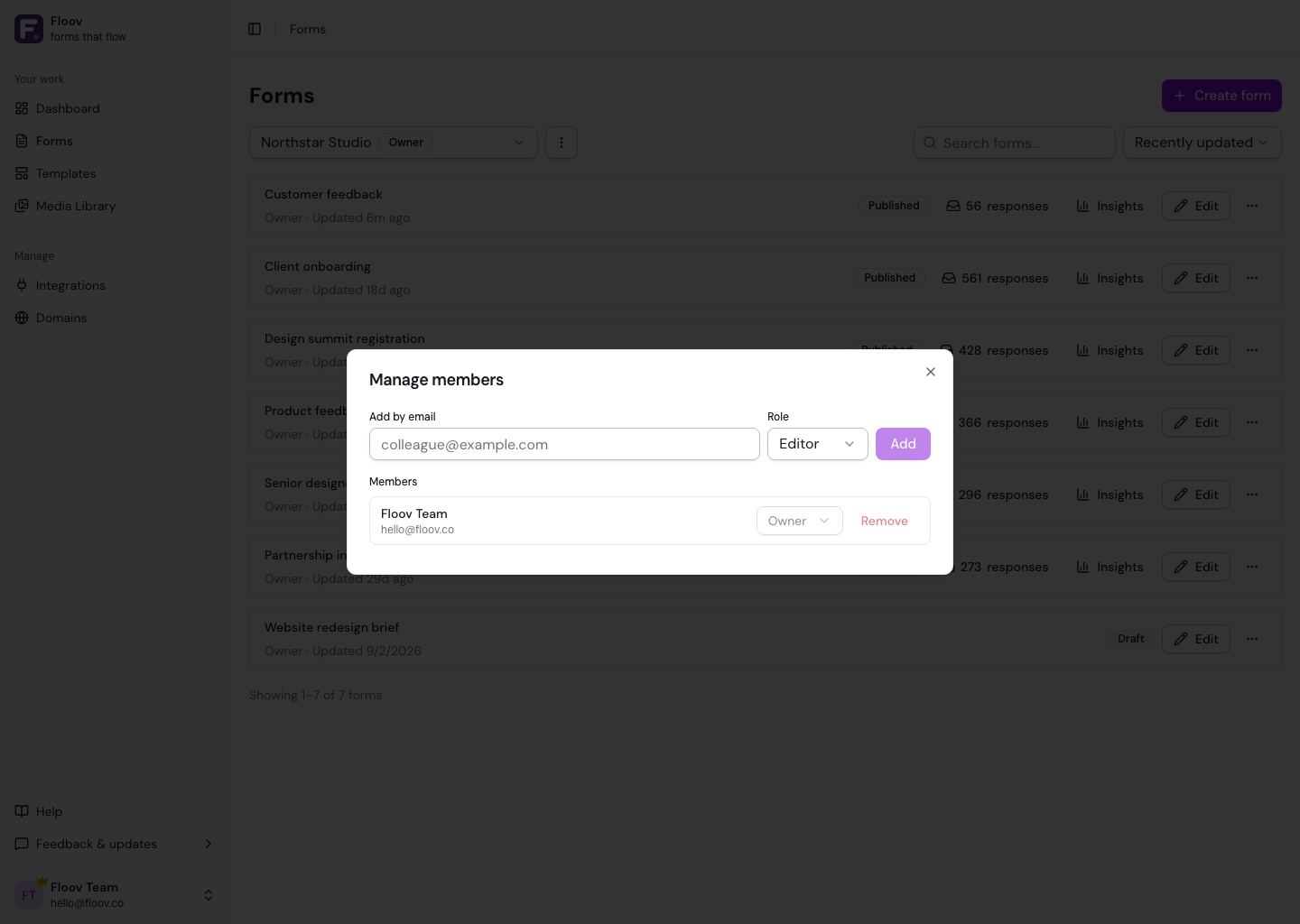 Add workspace member form with email and role selection controls