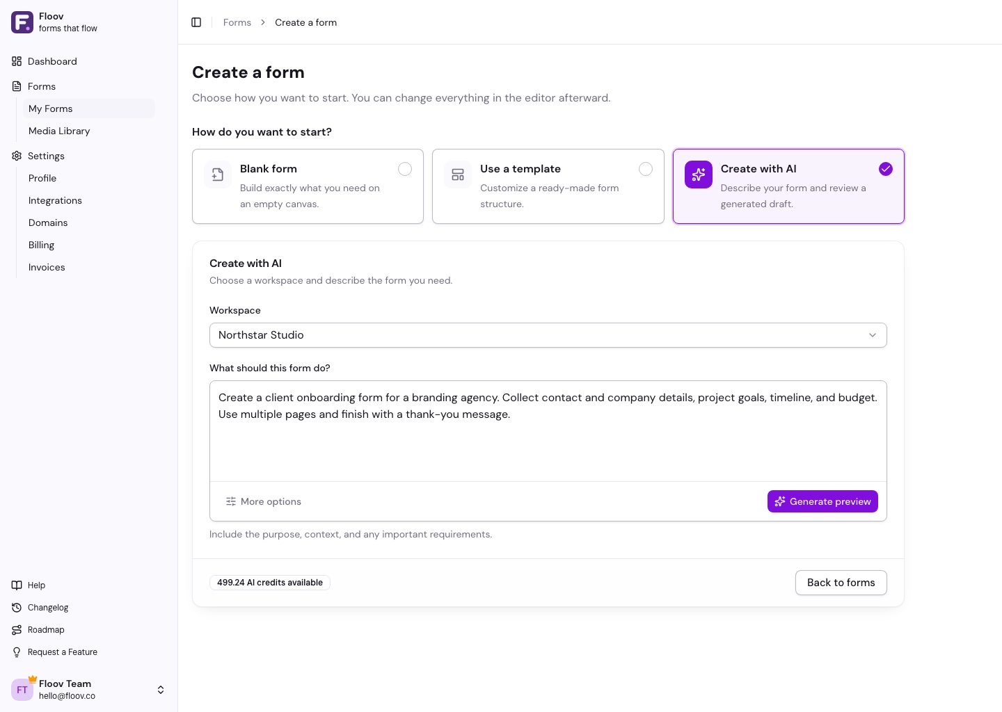 Create with AI with a form description and Generate preview action