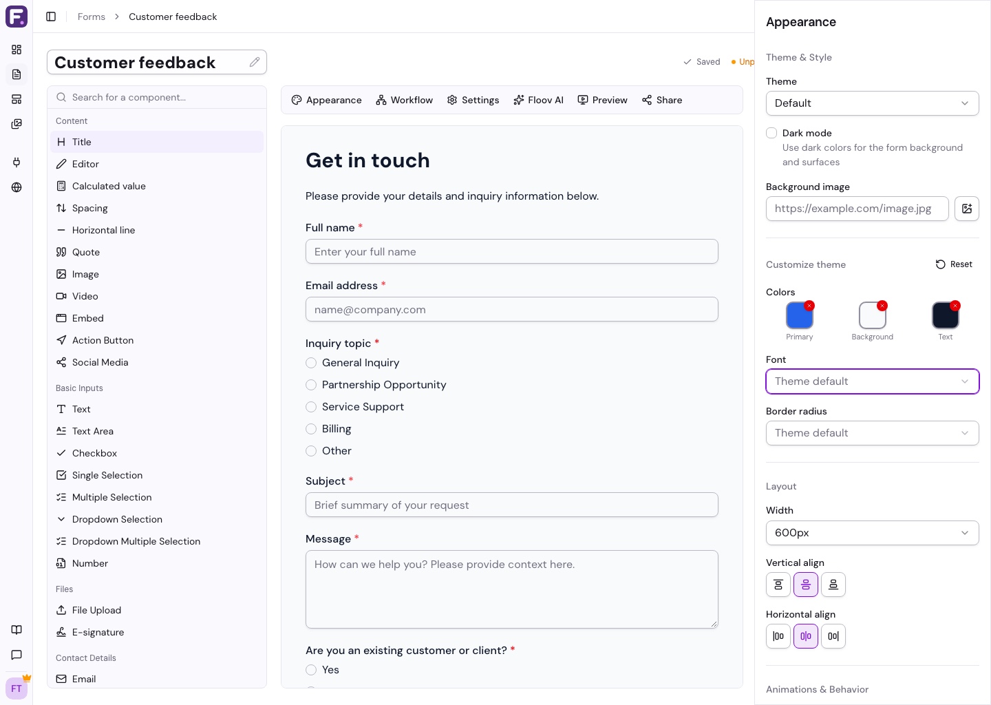 Appearance controls with custom colors, reset actions, and the searchable Bunny font catalog
