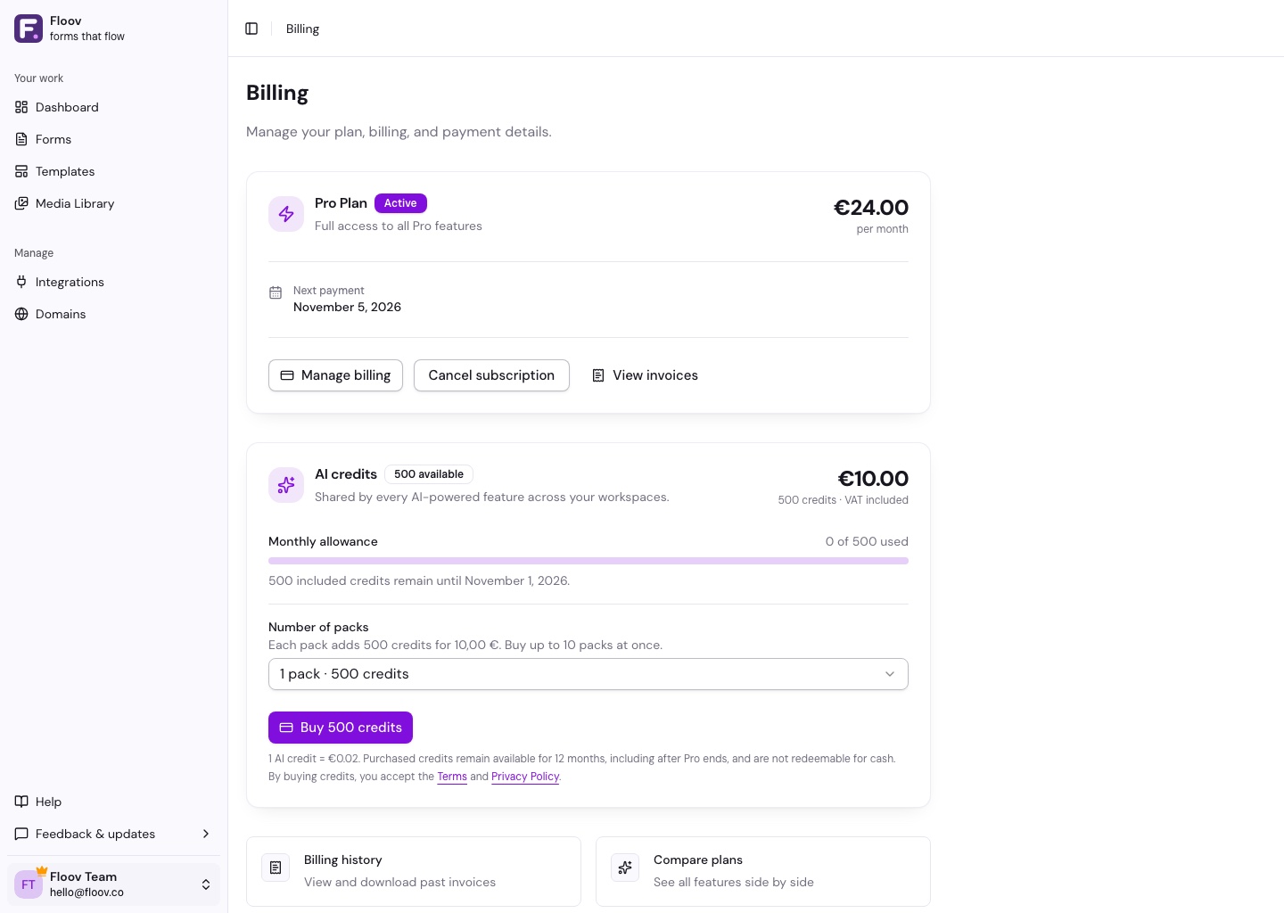Billing page showing current Pro access, the AI credit allowance, and credit pack controls