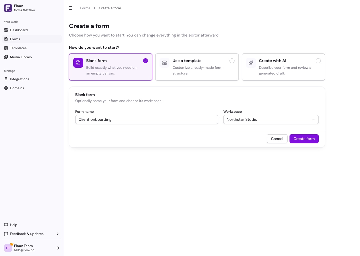 Blank form selected on the Create Form page, with optional form name, workspace, and Create form action
