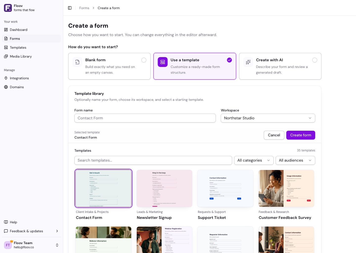 Template library selected on the Create Form page, with Contact Form selected and a Create form action
