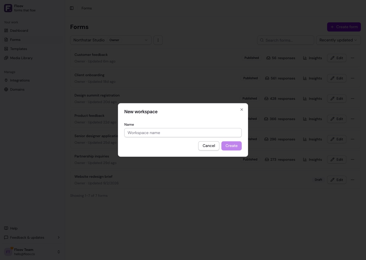 New workspace dialog with a name input field