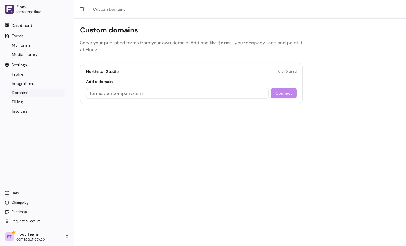 Custom domains settings grouped by workspace with a Connect domain action