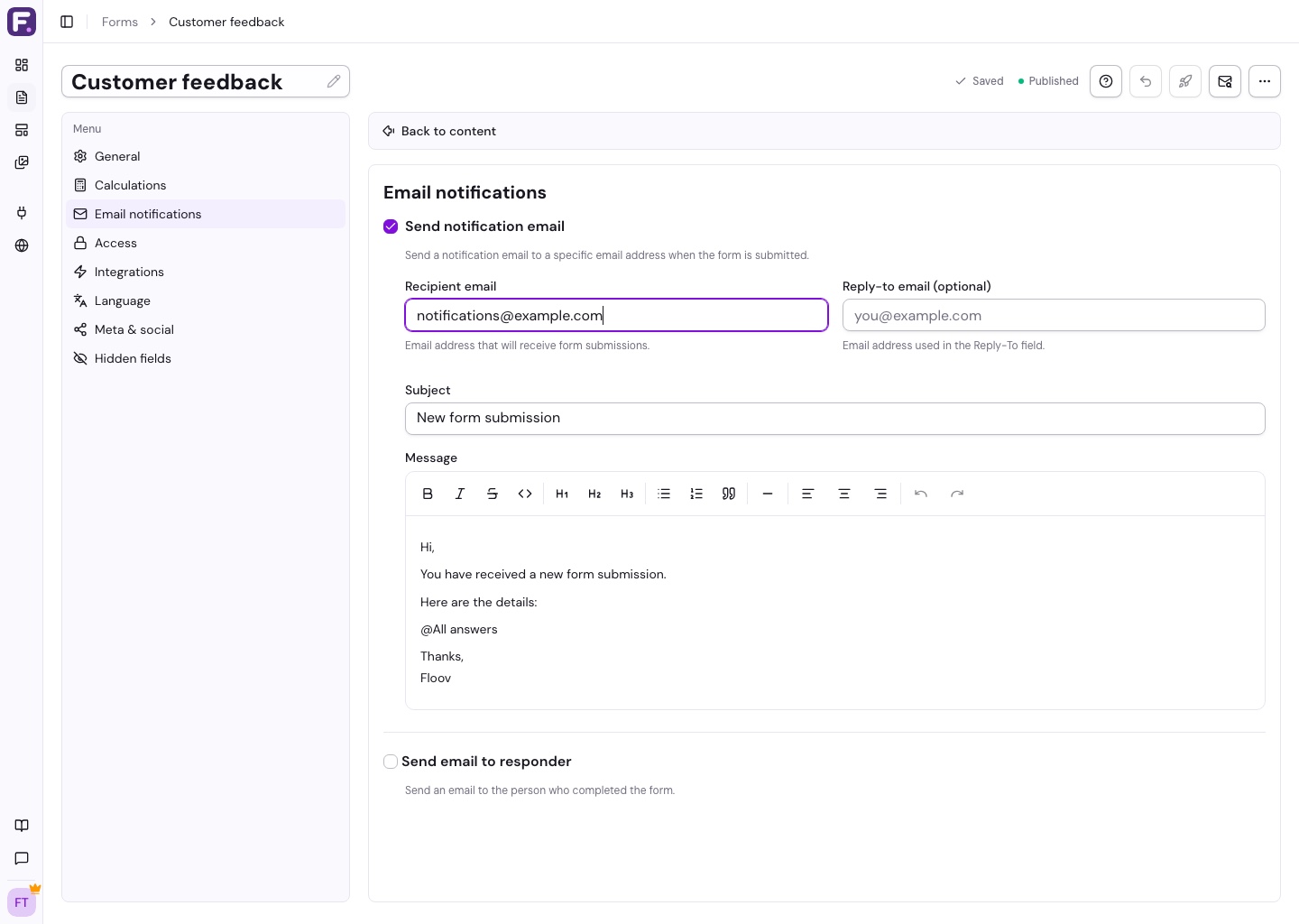 Email notification message editor with @ mention dropdown showing form fields
