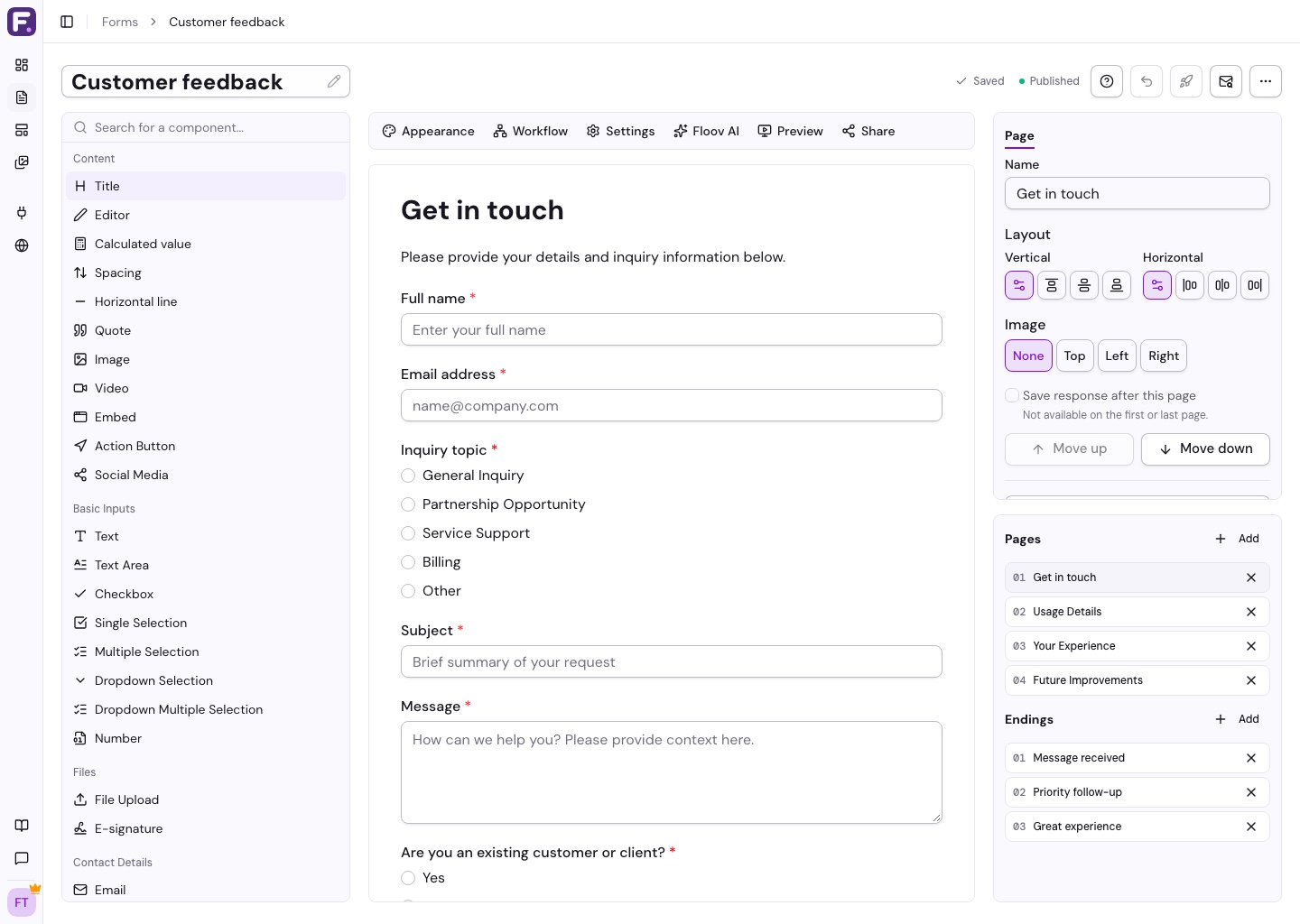 Floov form editor showing the toolbox, canvas, and settings panel