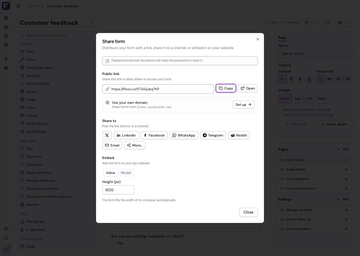Published form with the shareable URL highlighted