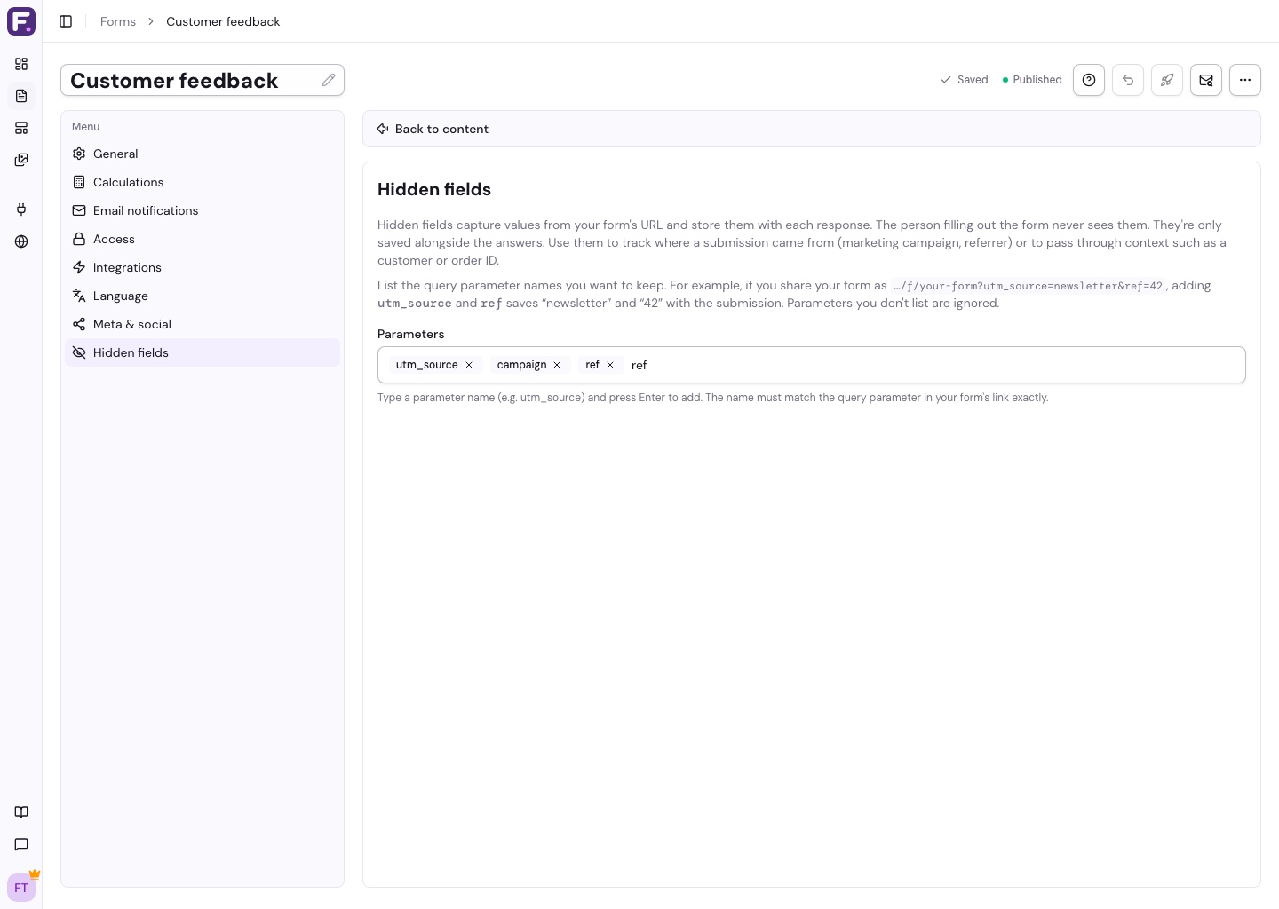 Hidden fields settings showing parameter tags like utm_source, ref, and campaign