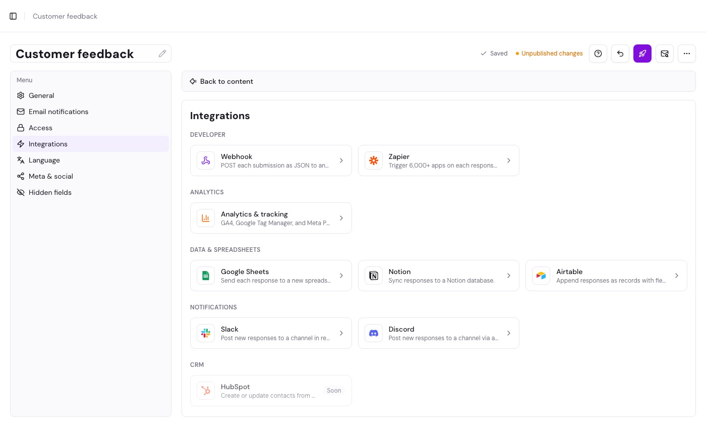 Floov form editor showing webhooks, analytics, spreadsheets, notification, and CRM integrations