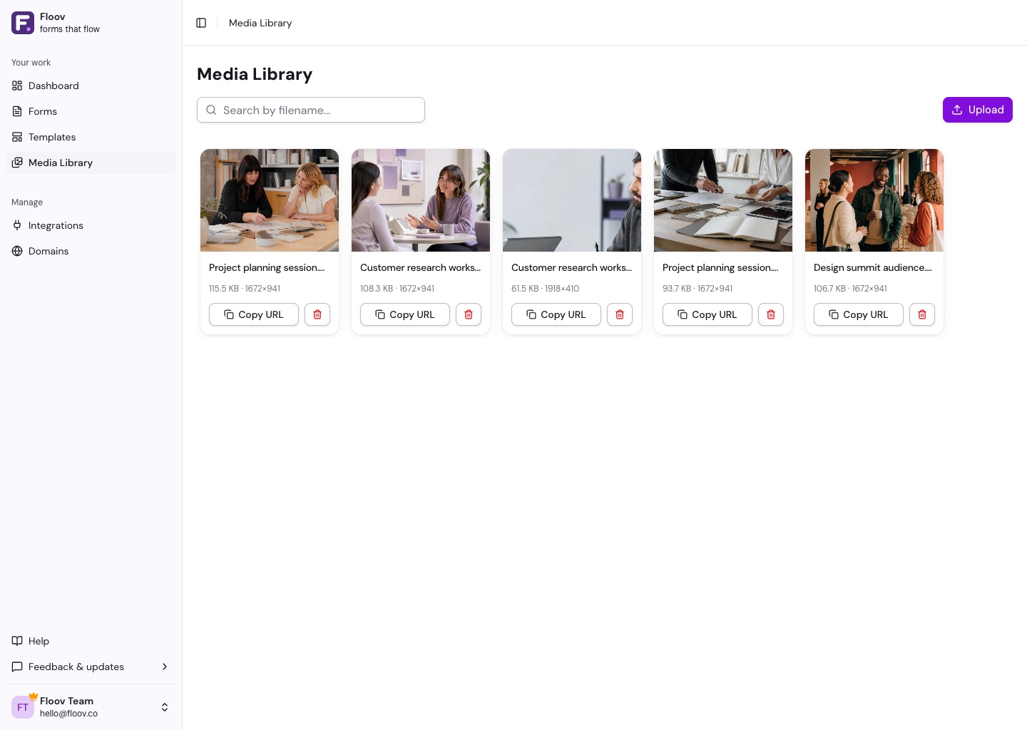 Media library grid with upload button