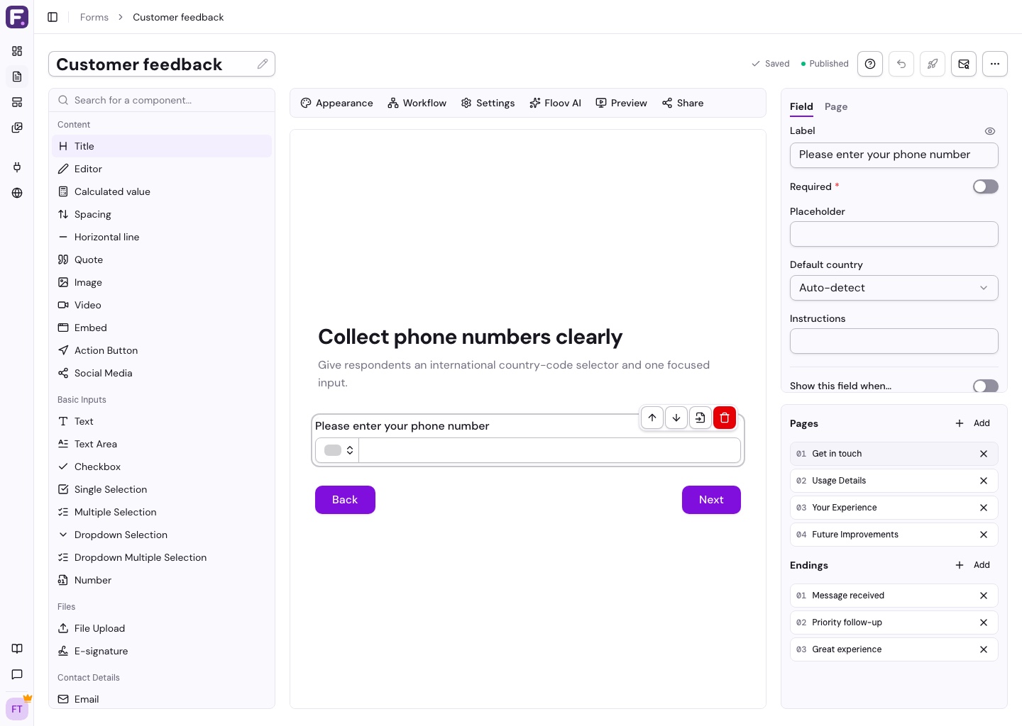 Phone input showing a country code dropdown next to the number
