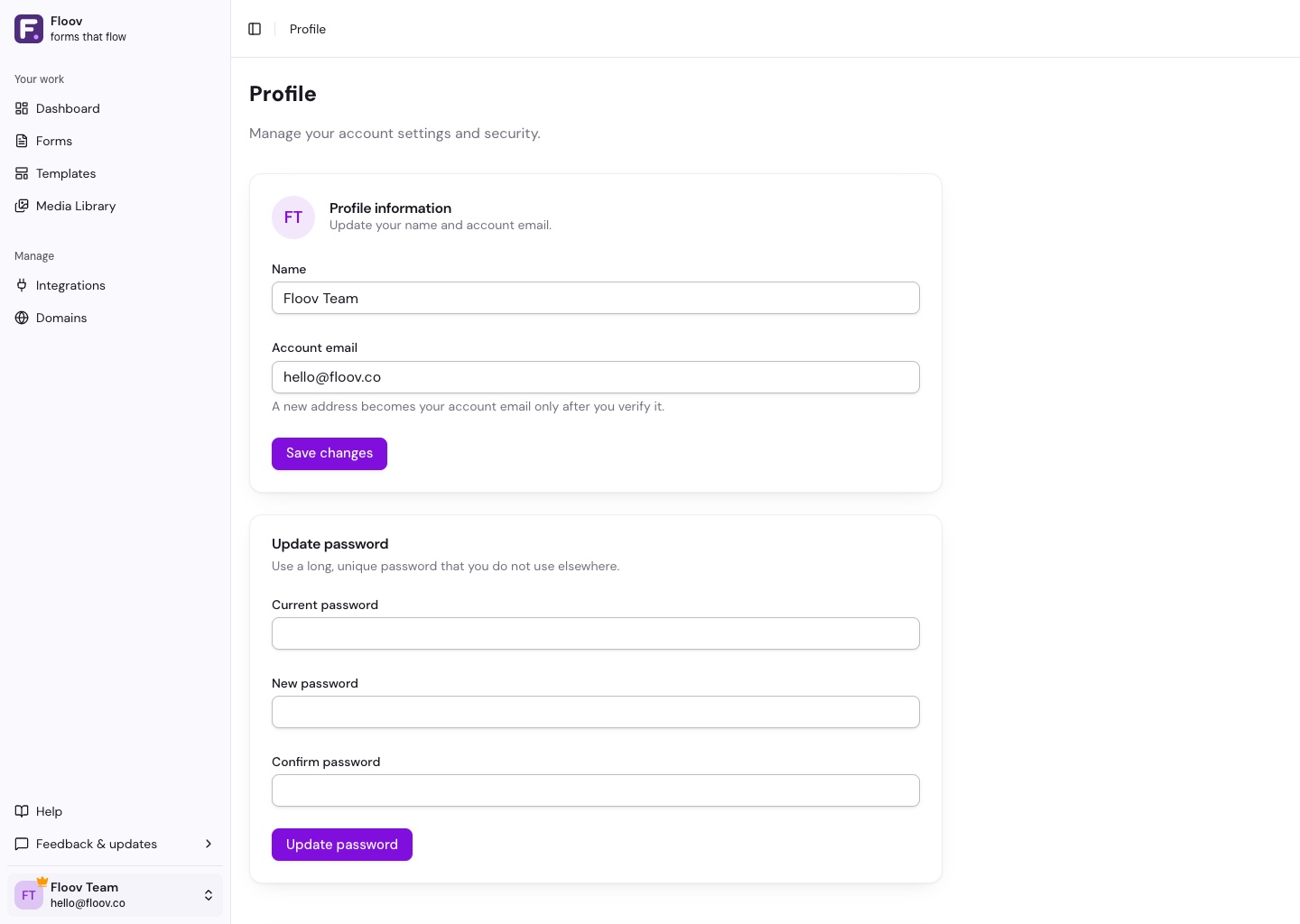 Profile page showing name and account email fields