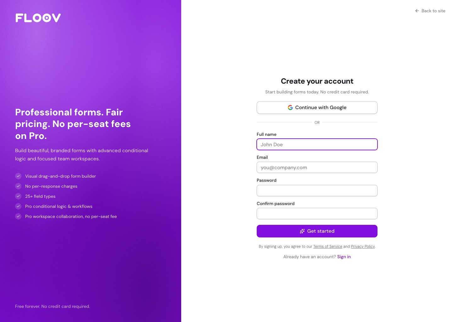 Floov registration form with name, email, and password fields