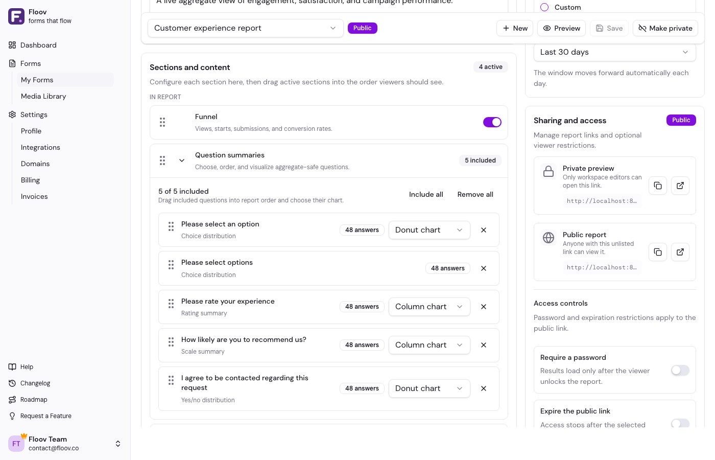 Floov report editor showing ordered Funnel, Question summaries, Traffic, and Attribution sections
