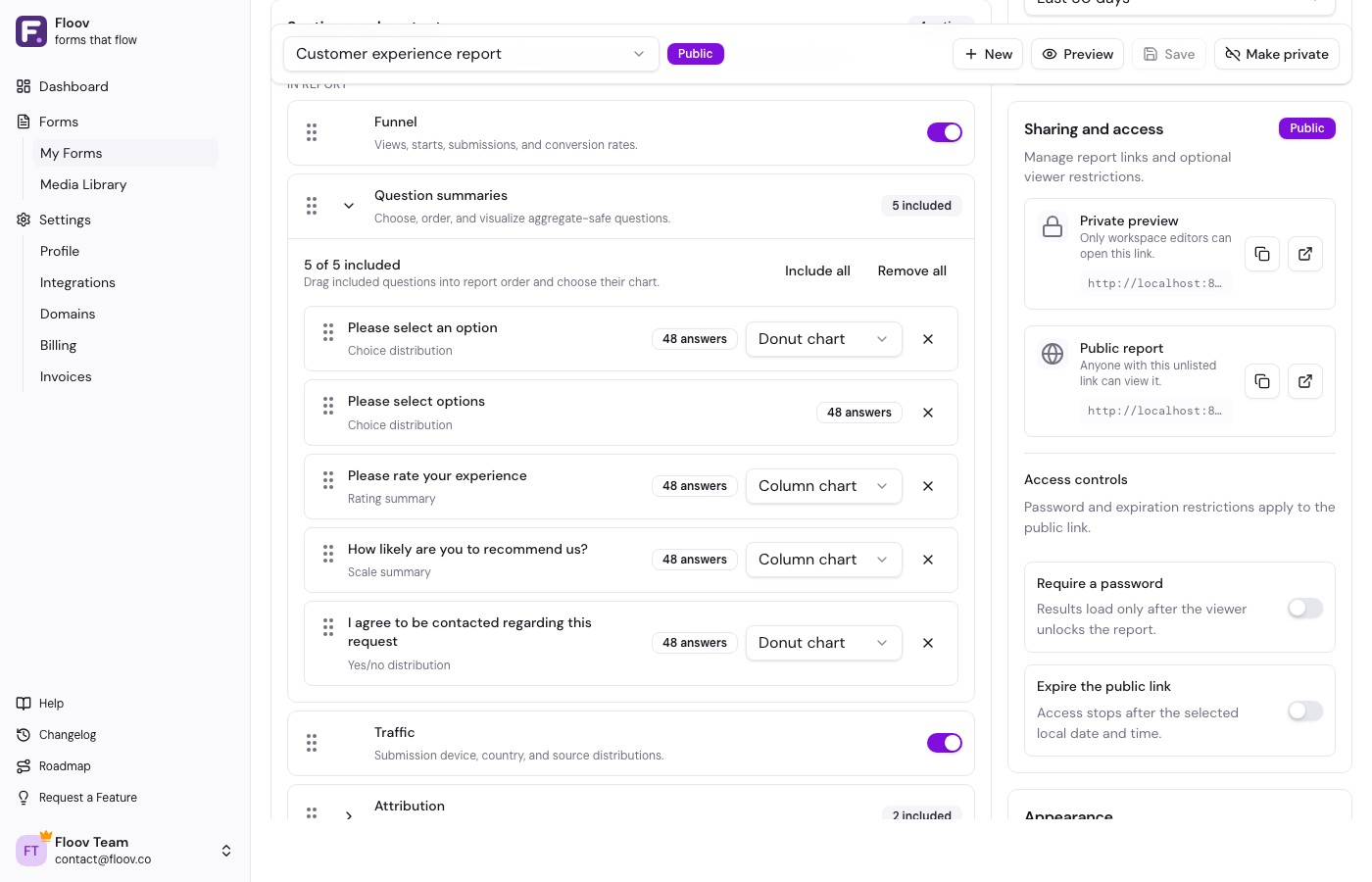 Floov report editor showing private and public links, password protection, and expiration controls