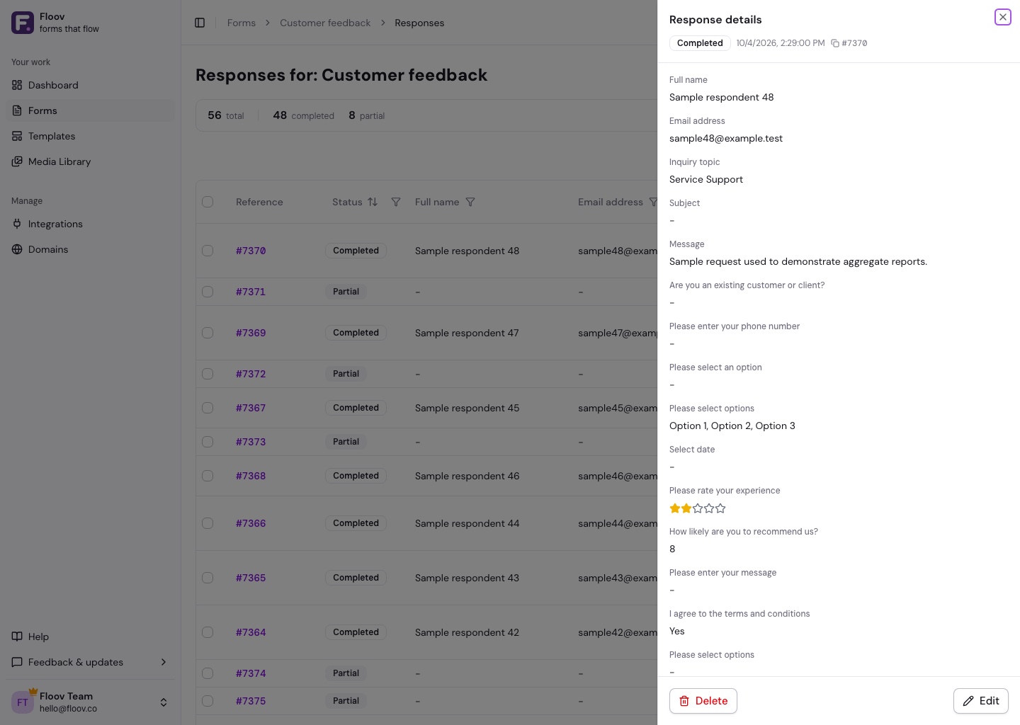 Response detail panel showing a submission reference and its formatted answers