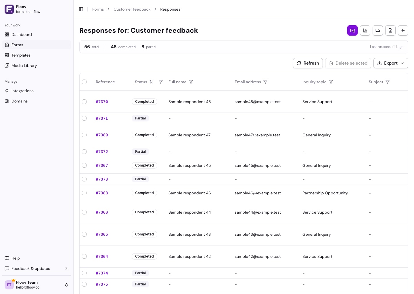 Responses table with filters and the Export action above populated submissions