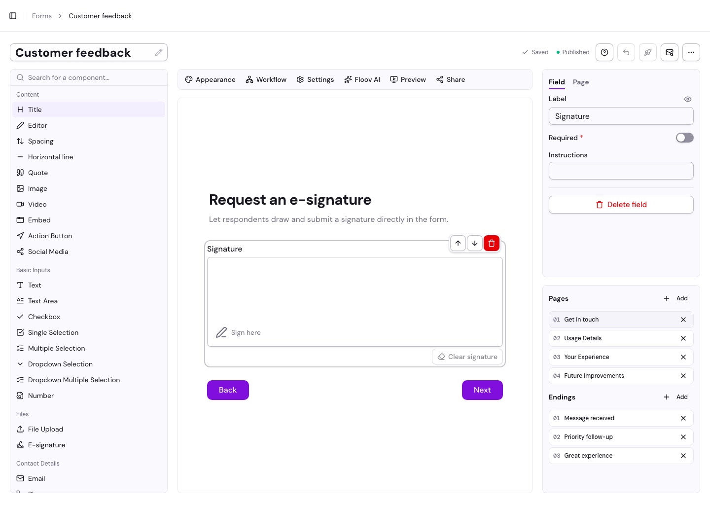 Form editor with an E-signature field selected and its settings visible