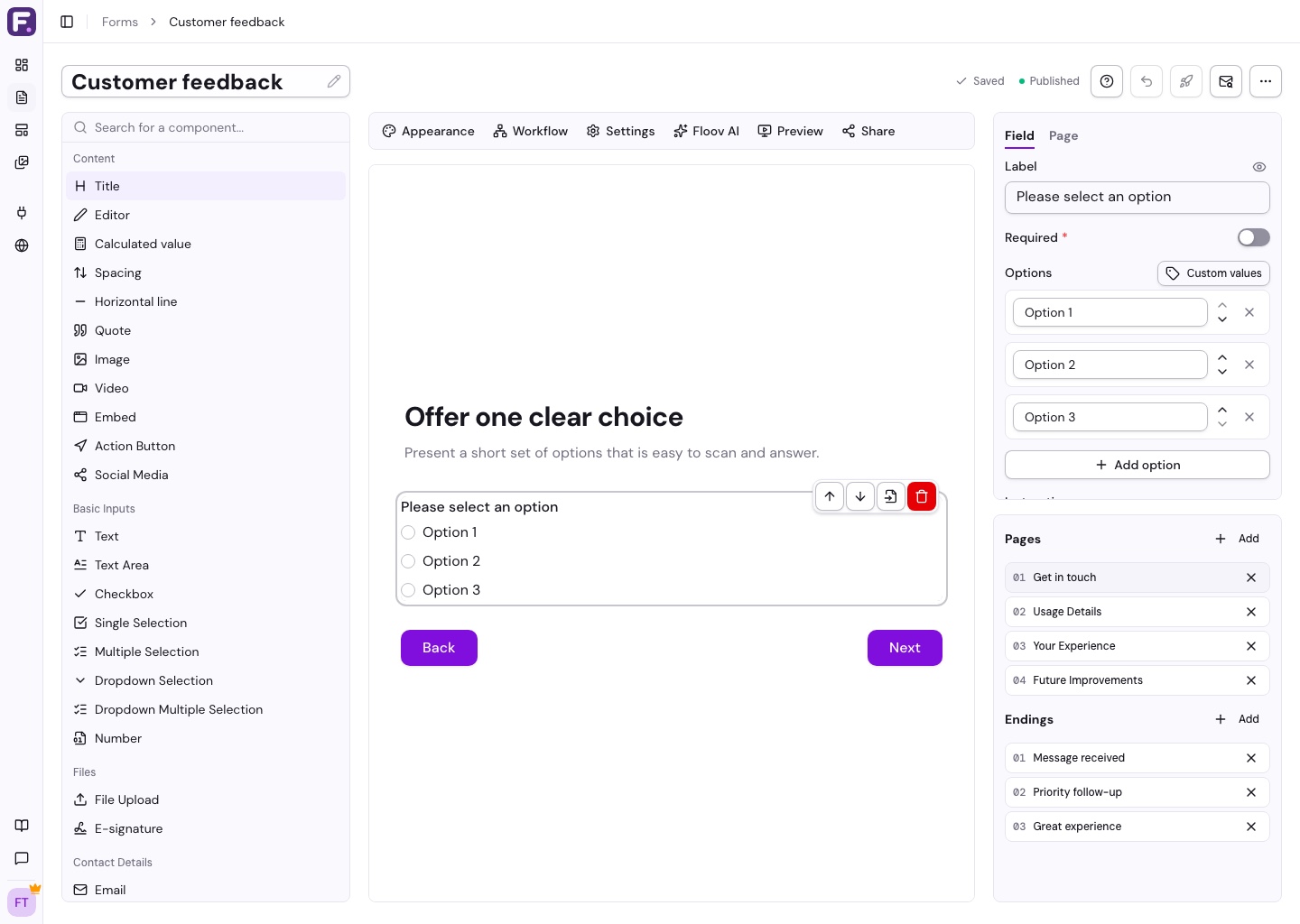 Single selection field with radio buttons for three options