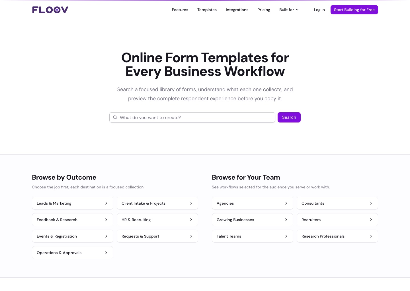 Template library with search, category, and audience filters