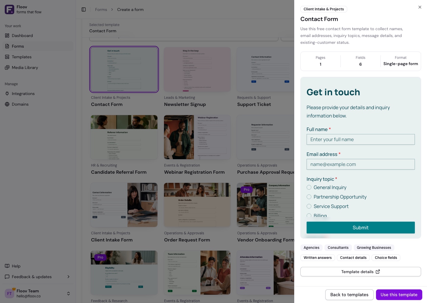Template review Sheet with Contact Form details, a live preview, and Use this template action