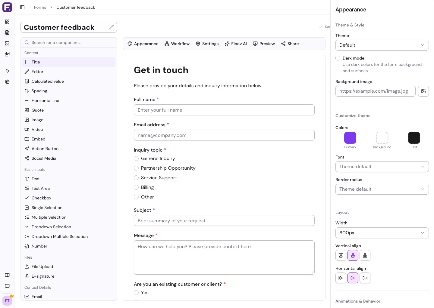 Appearance panel with the searchable Theme selector and layout controls