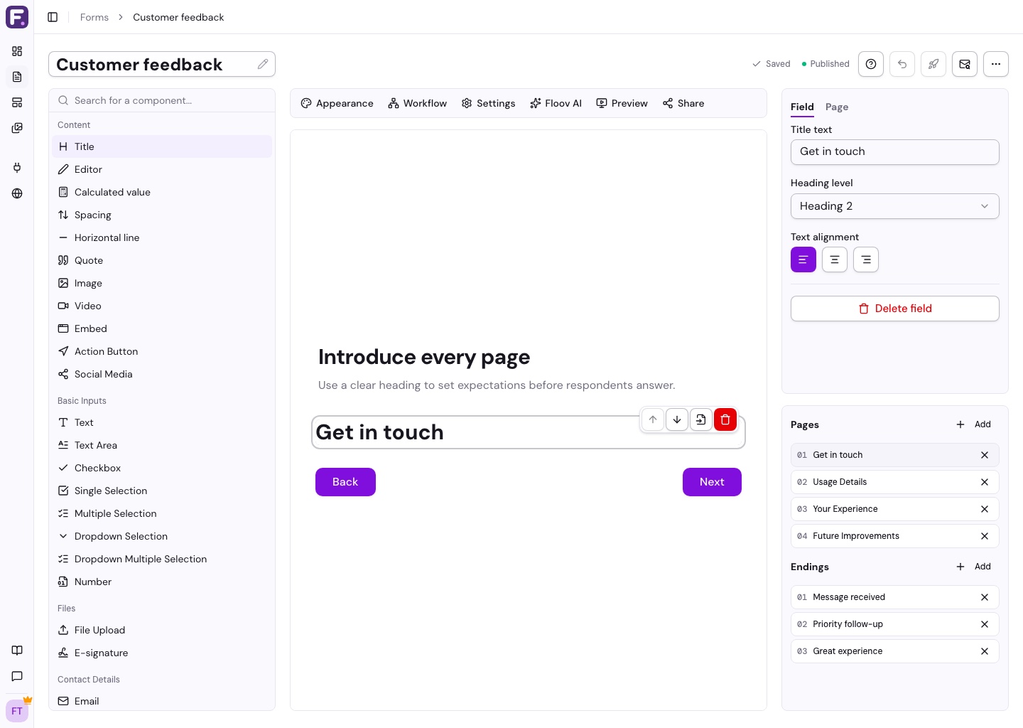 Form editor with a Title content field selected and its heading settings visible