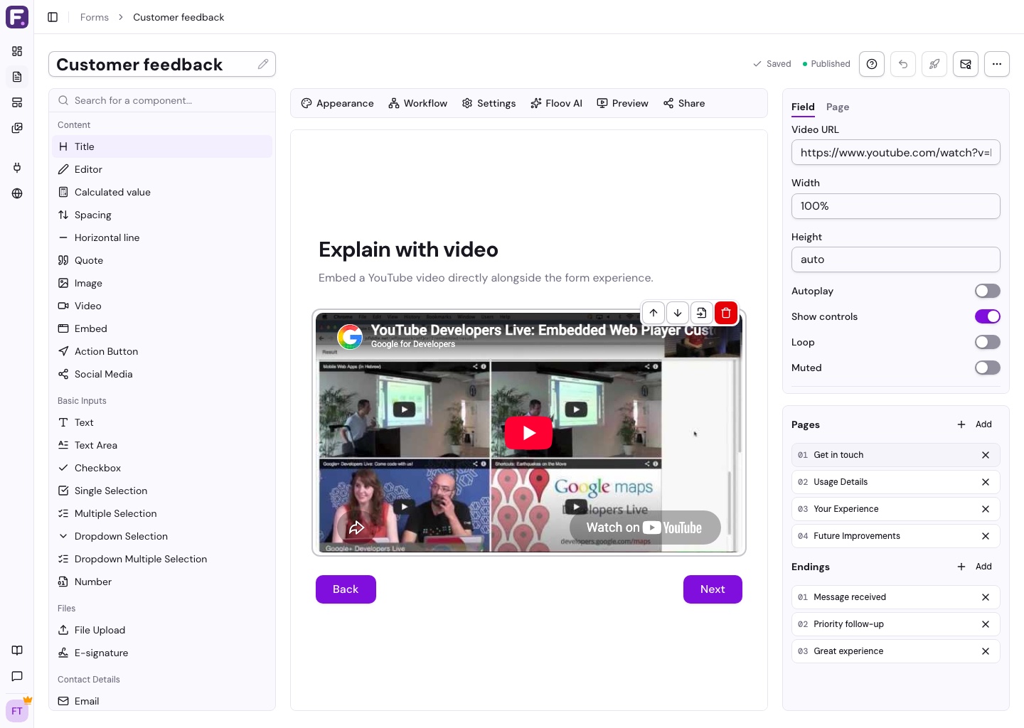 Form editor showing a configured video content field and its URL settings