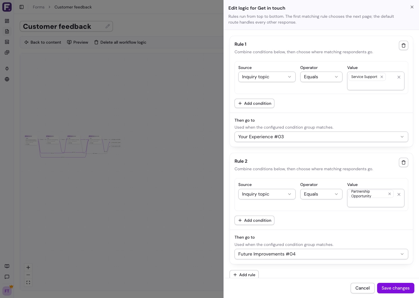 Workflow logic panel showing a conditional rule and default route controls