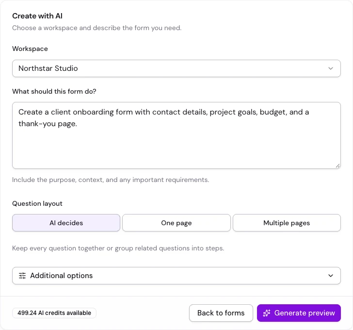Create with AI panel with a written form brief and generation preferences in Floov