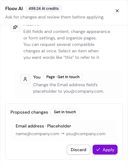 A real Floov AI proposal to update the email field, with the requested change and Apply and Discard controls