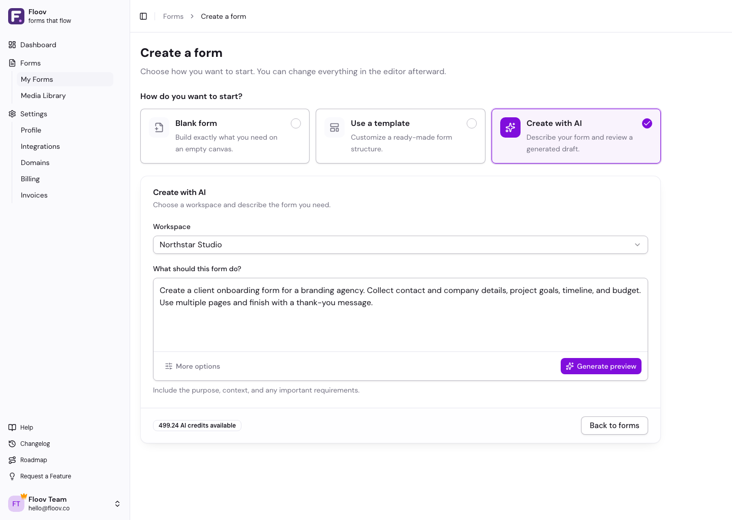 Floov Create with AI screen showing a client onboarding form brief and Generate preview action