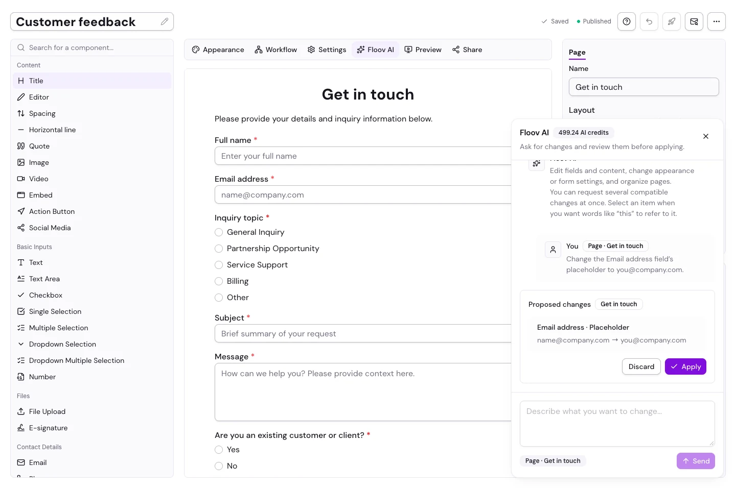 Floov's visual form editor with the Floov AI conversation open beside a customer feedback form