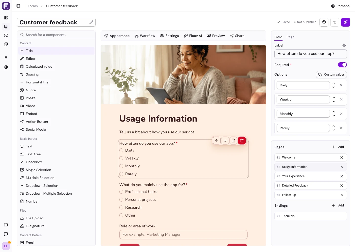 Floov visual editor with available fields, form pages, and settings for a selected question