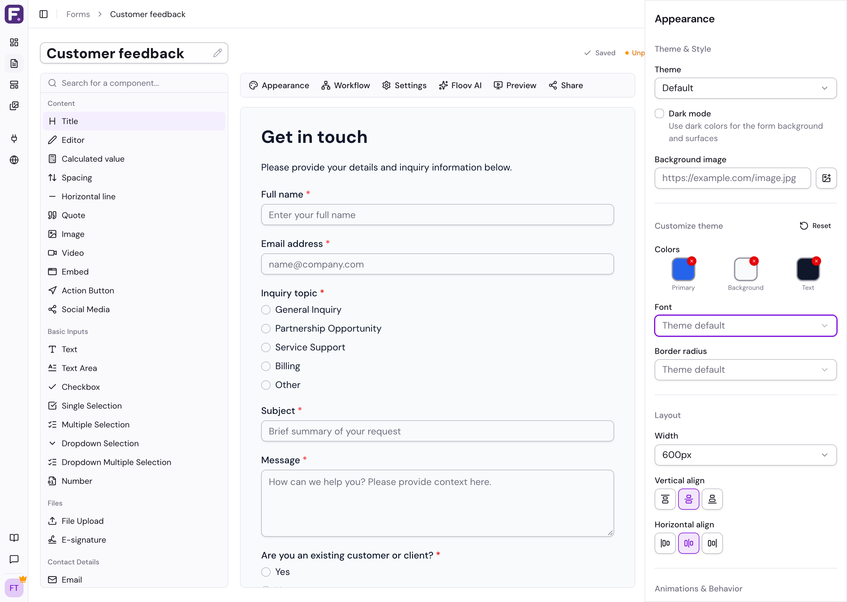 Floov appearance panel with theme colors, font, border radius, width, and alignment controls