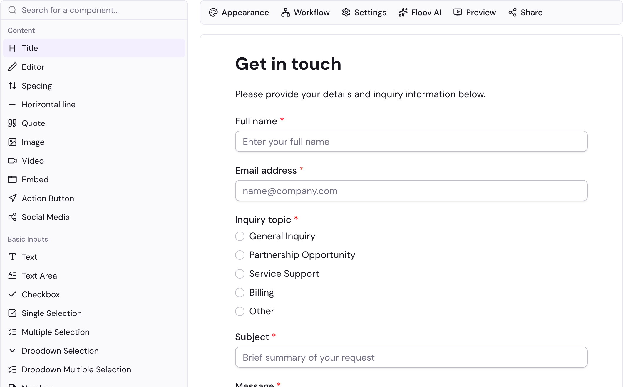 Floov visual editor showing a polished client inquiry form