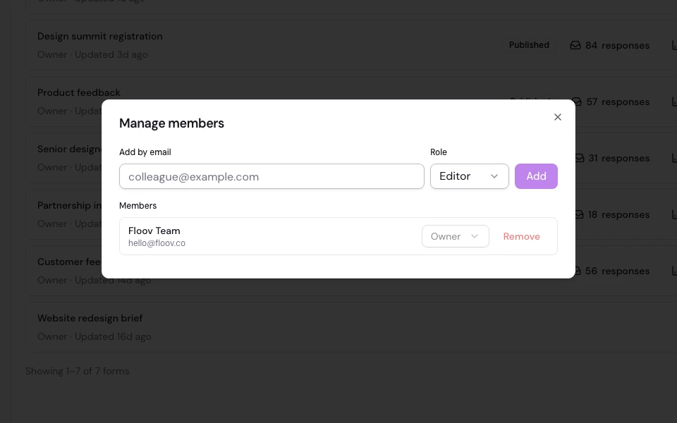Floov member management dialog showing workspace roles for an agency team
