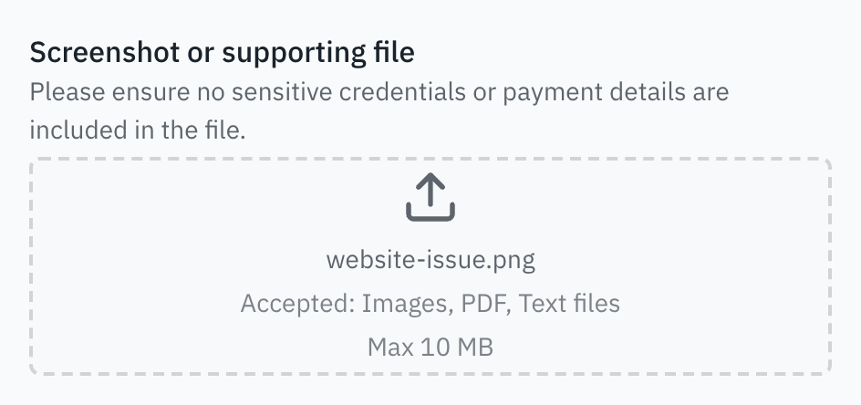 Support form upload field showing a sample file, accepted formats and a 10 MB limit