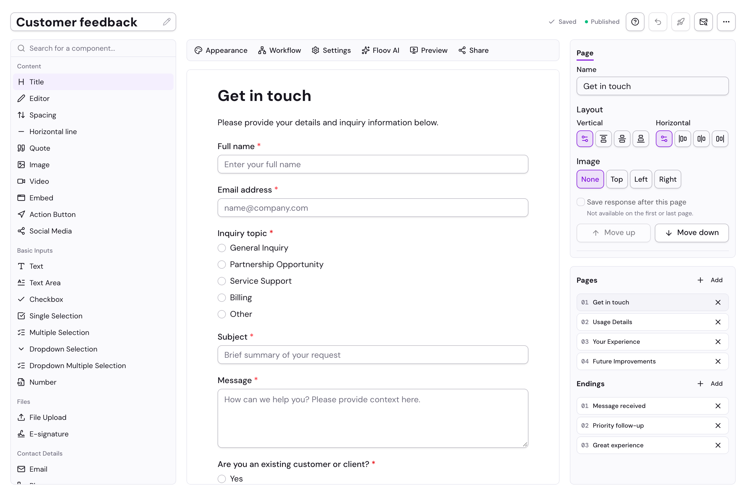 Floov visual form editor showing a populated form, field toolbox, and page settings