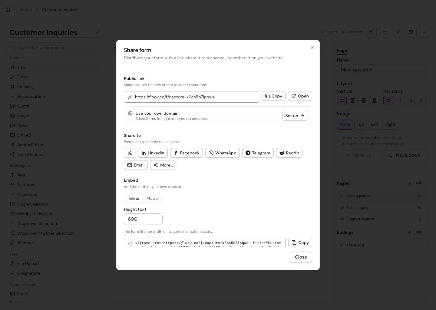 Floov Share form dialog showing Inline and Modal embedding options