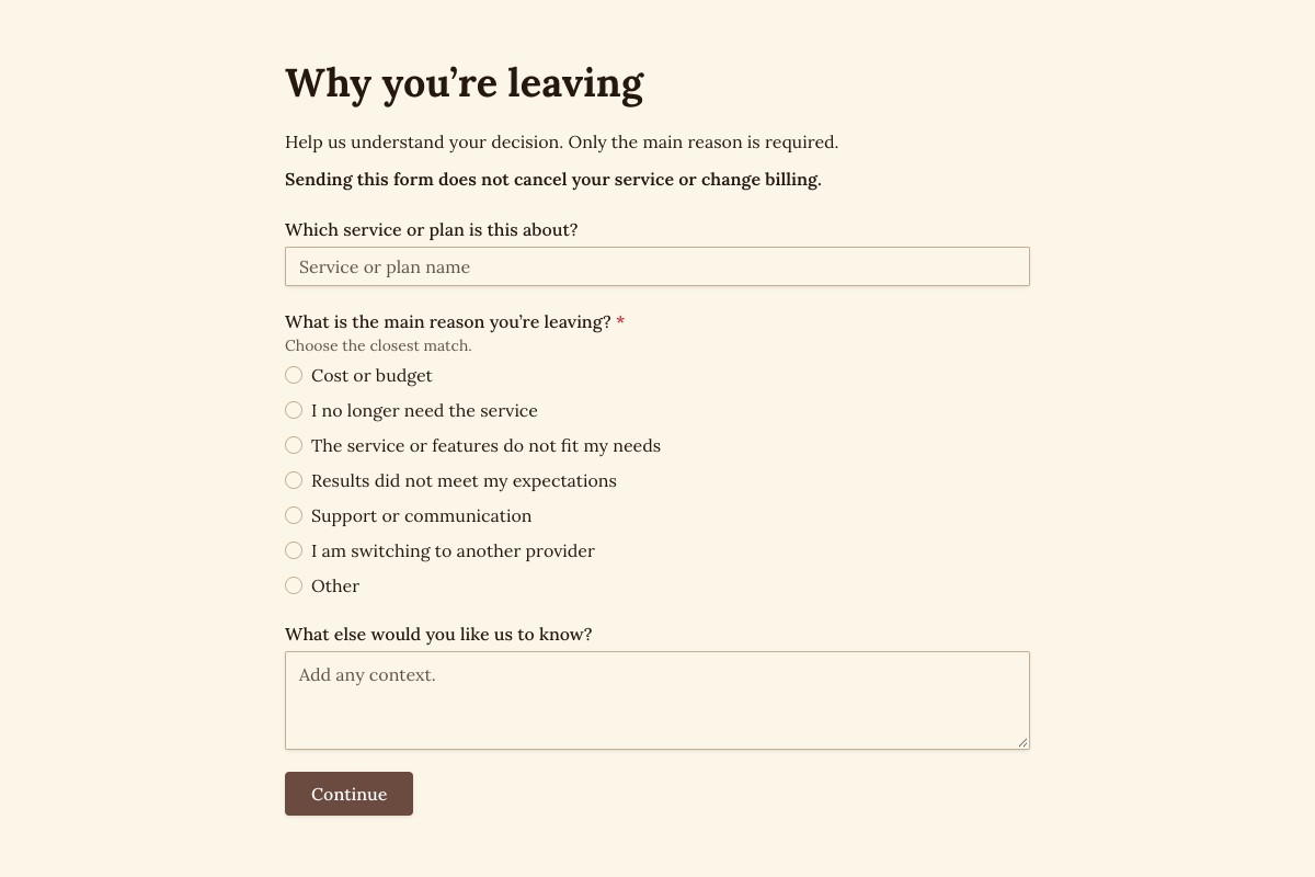 Customer Cancellation Feedback Form form template preview