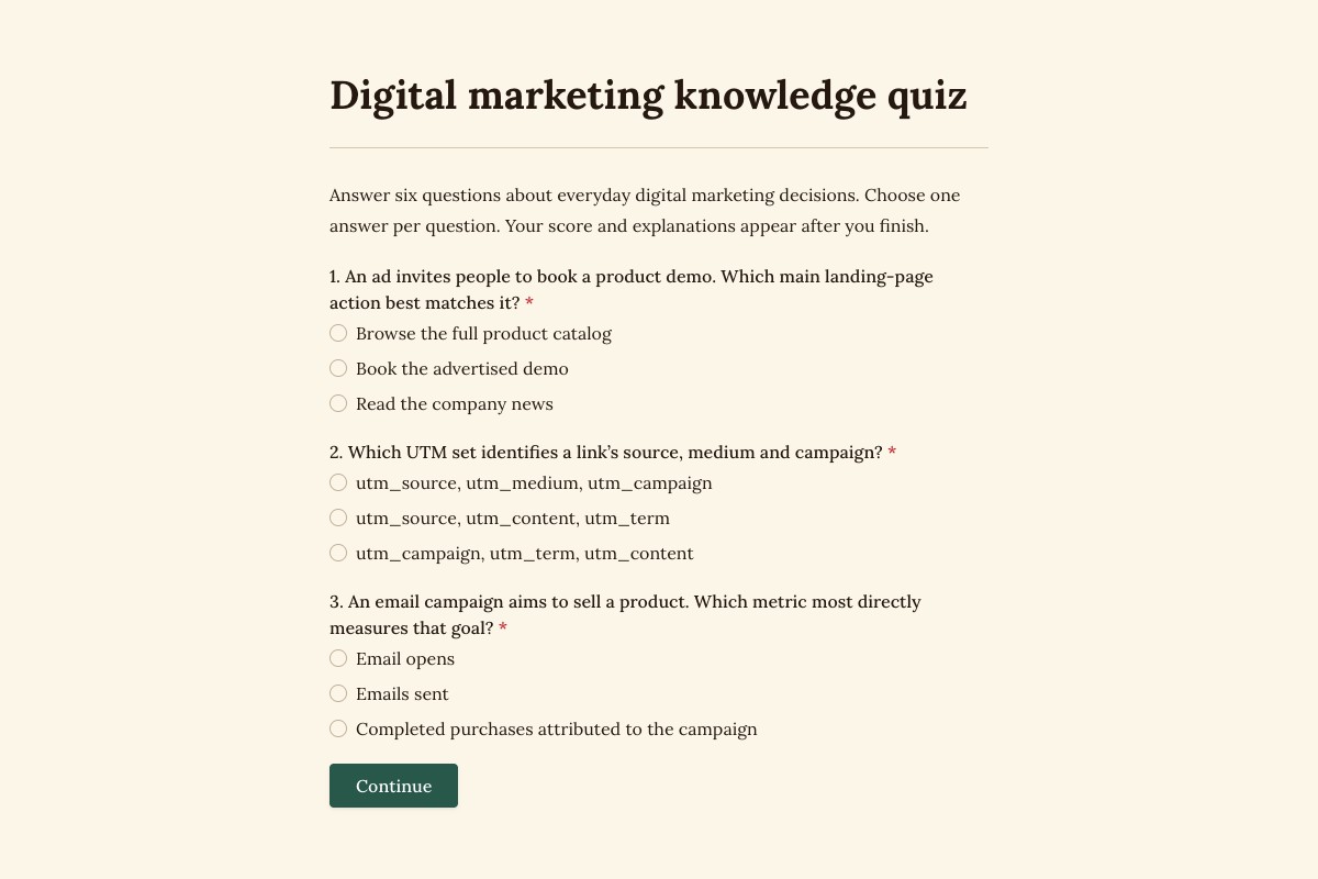 Digital marketing quiz with multiple-choice questions and navigation to the next page