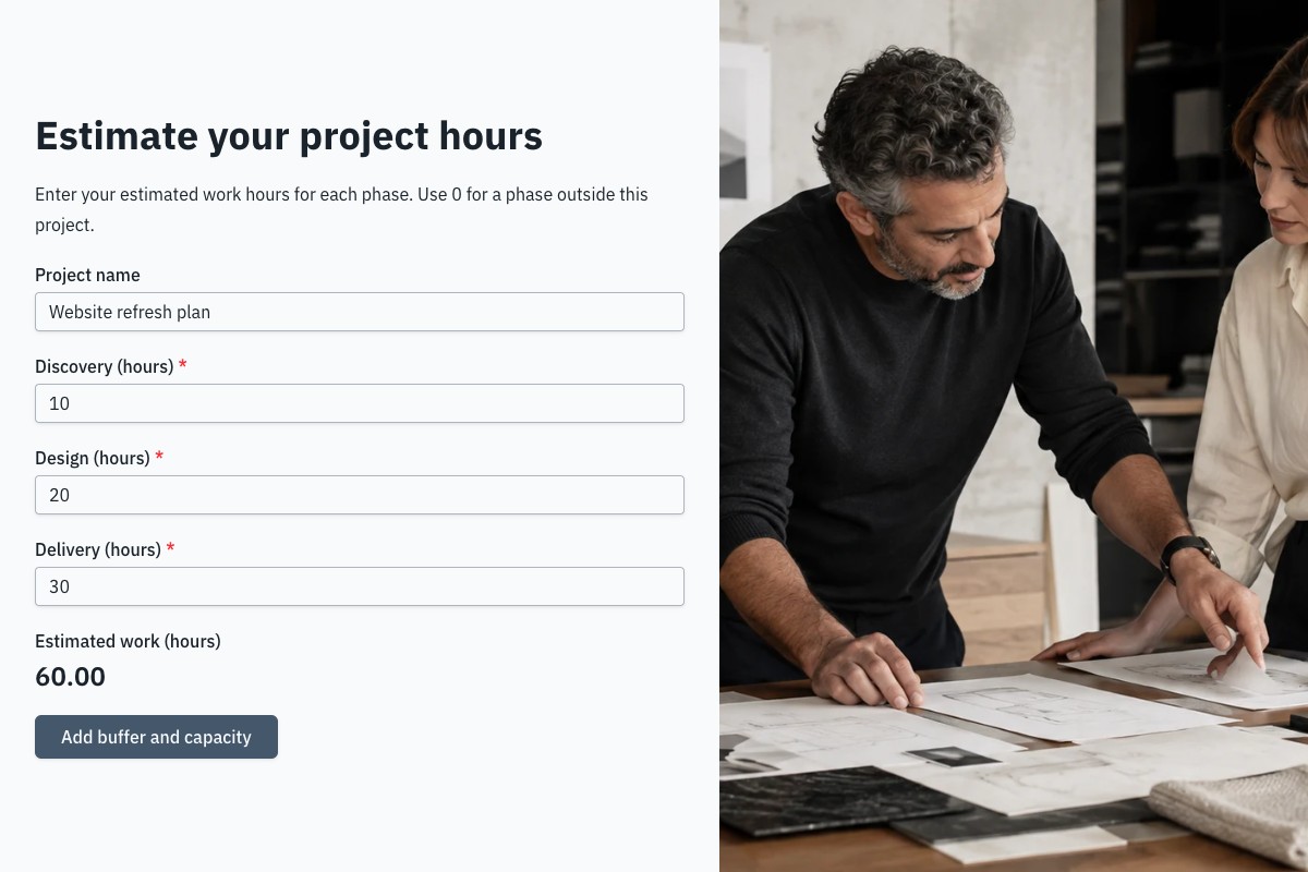 Project effort form with phase-hour inputs and a calculated work-hours total